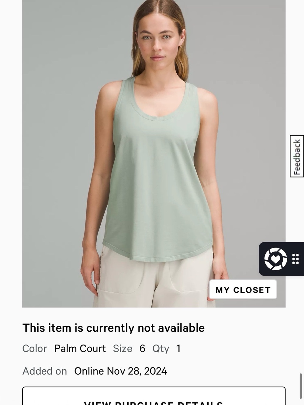 Lululemon Palm Court Sage Green Love Tank Size 6 - Picture 4 of 4